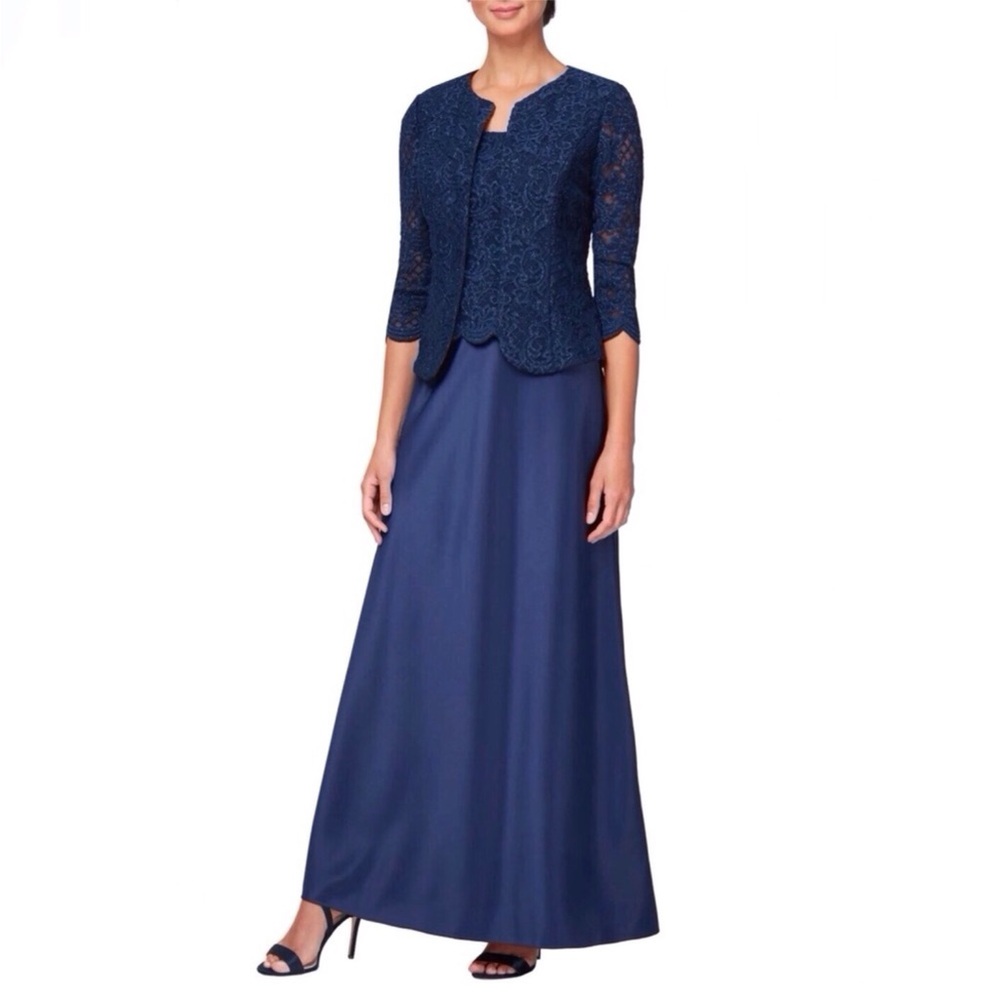 Alex Evenings Embroidered Lace Satin Two Piece Gown with Jacket Blue Size 6